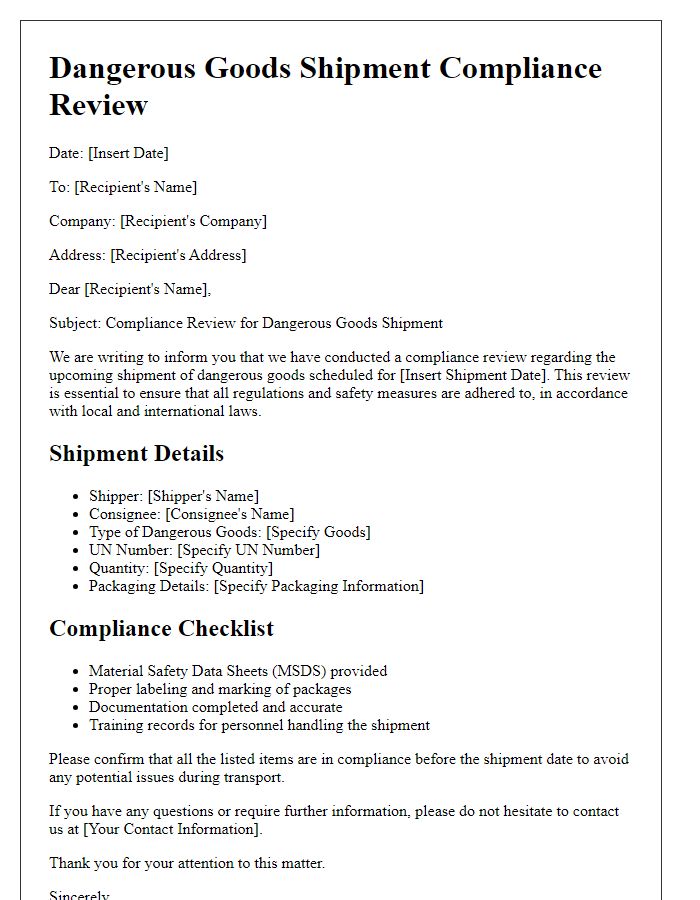 Letter template of dangerous goods shipment compliance review