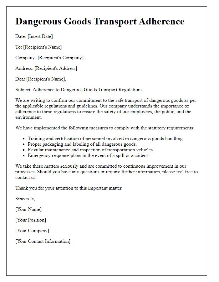 Letter template of dangerous goods transport adherence