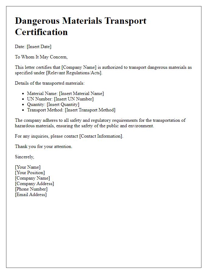 Letter template of dangerous materials transport certification