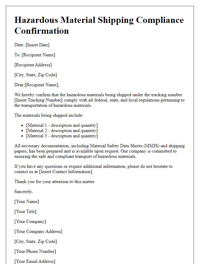 Letter template of hazardous material shipping compliance confirmation