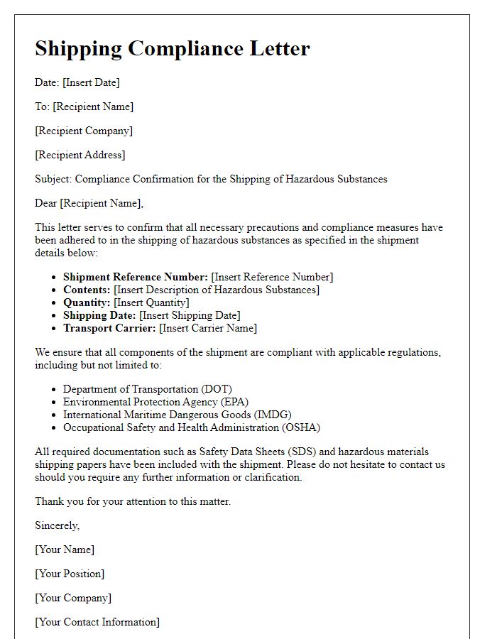 Letter template of shipping compliance for hazardous substances