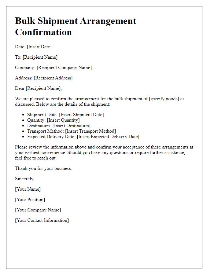 Letter template of bulk shipment arrangement confirmation