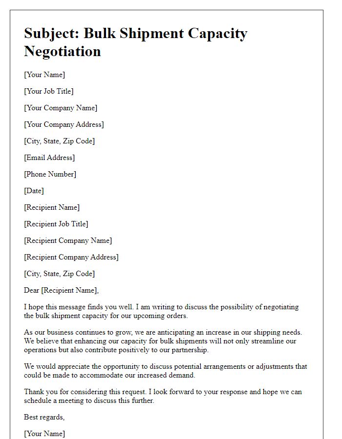 Letter template of bulk shipment capacity negotiation