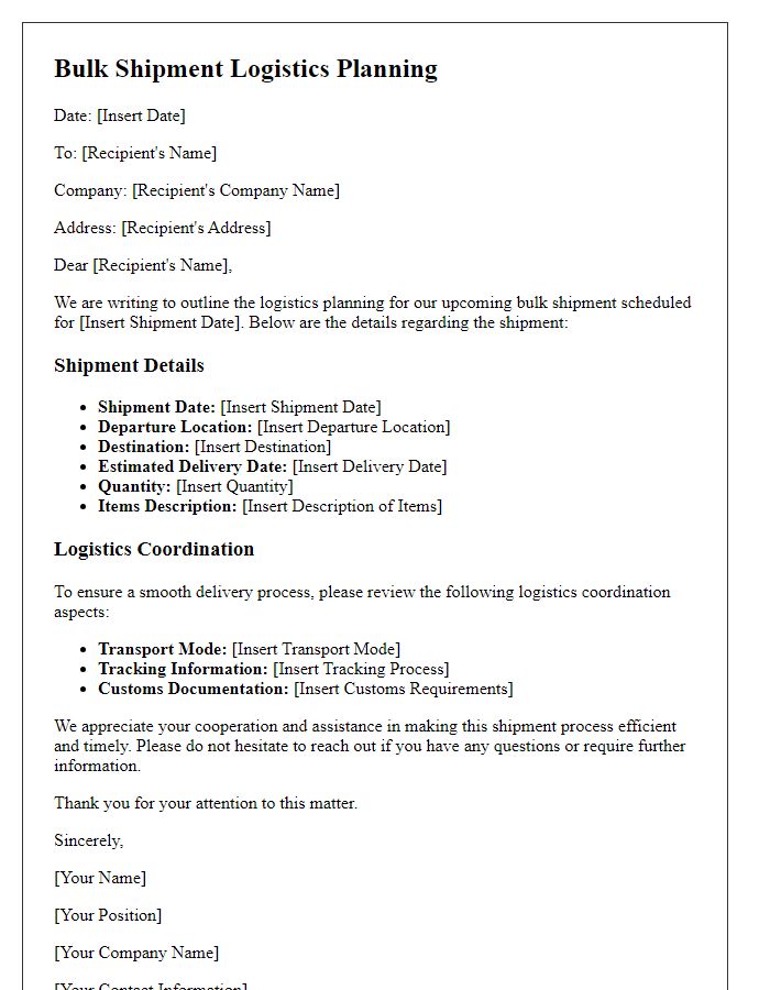 Letter template of bulk shipment logistics planning