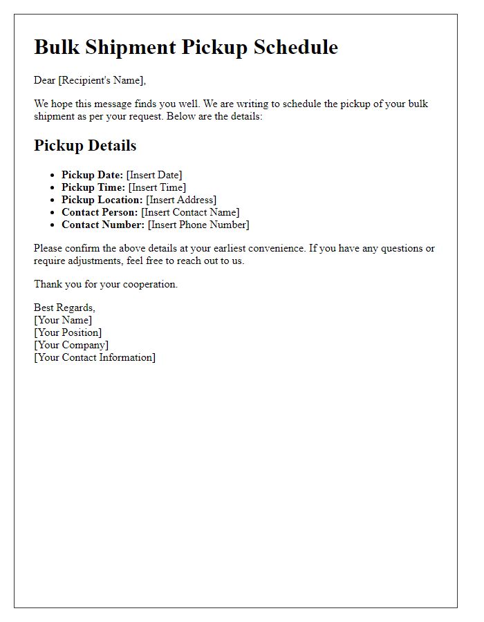 Letter template of bulk shipment pickup scheduling