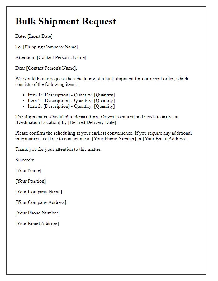 Letter template of bulk shipment request for scheduling