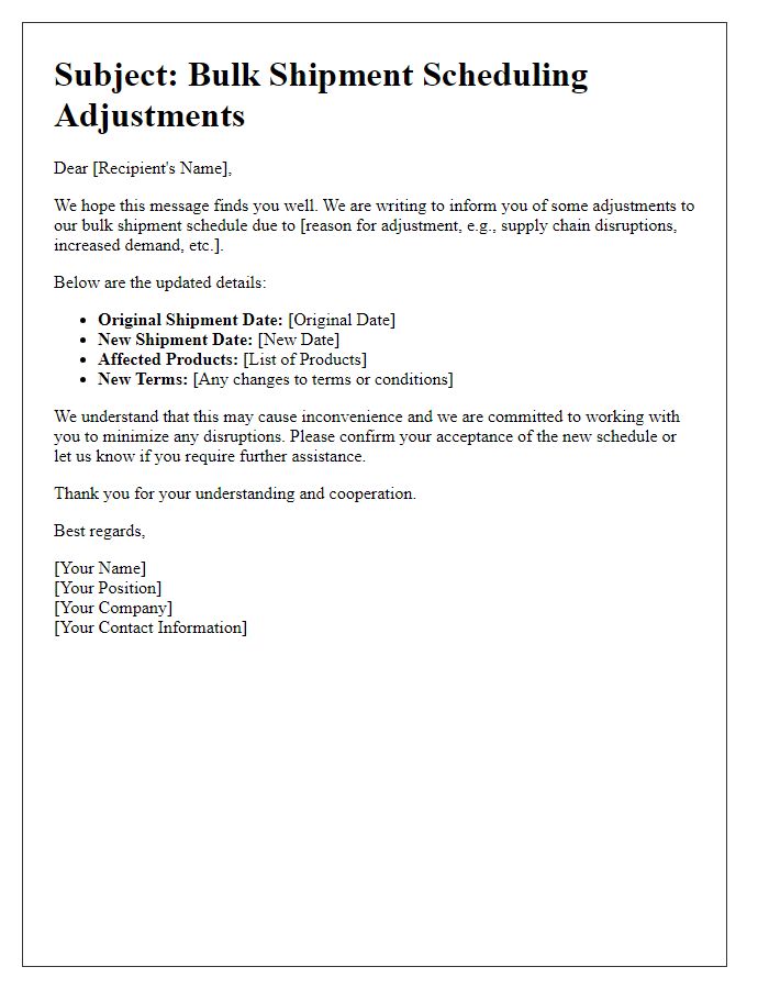 Letter template of bulk shipment scheduling adjustments