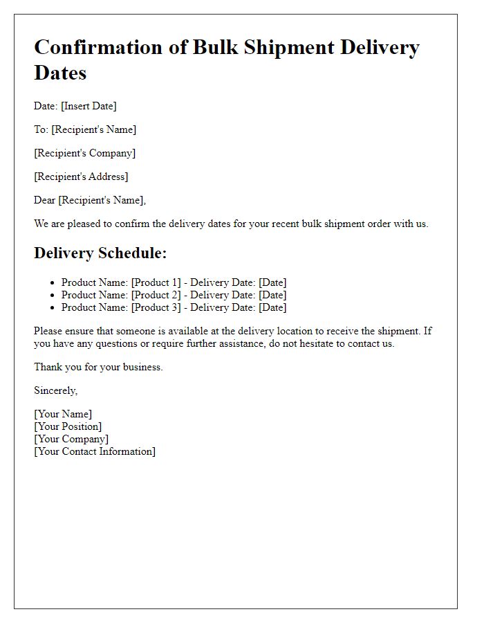 Letter template of confirmation for bulk shipment delivery dates