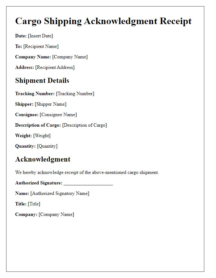 Letter template of cargo shipping acknowledgment receipt.