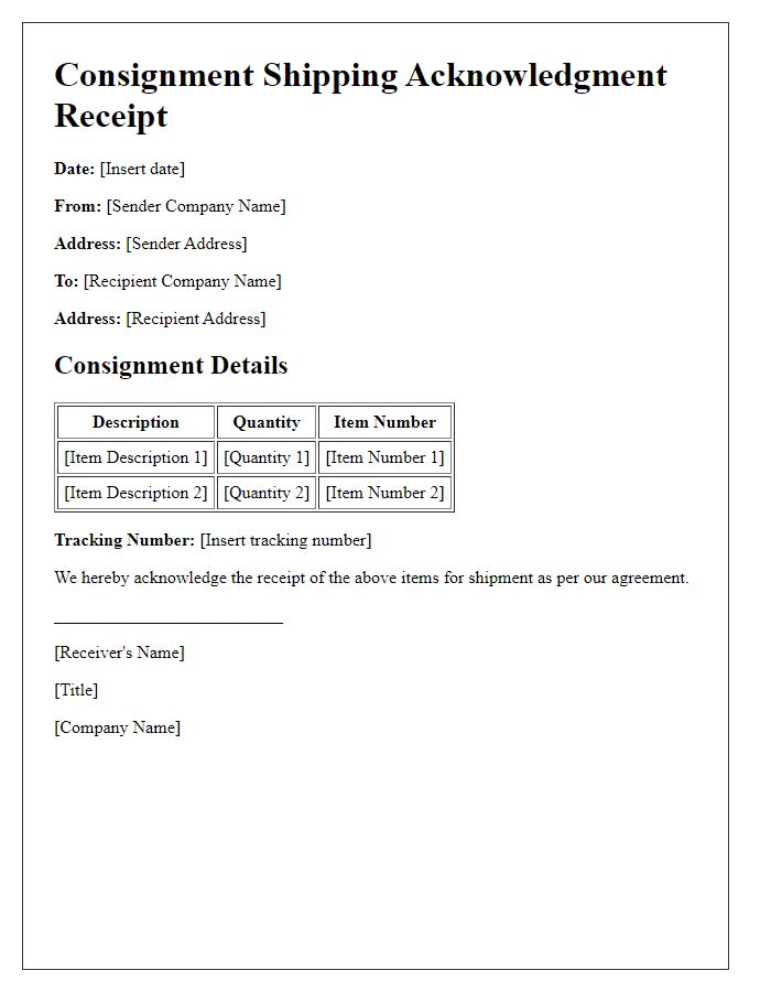 Letter template of consignment shipping acknowledgment receipt.