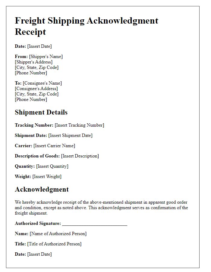 Letter template of freight shipping acknowledgment receipt.