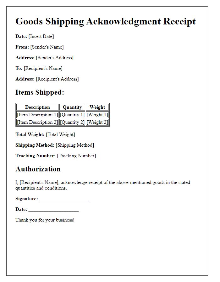 Letter template of goods shipping acknowledgment receipt.