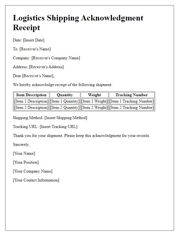 Letter template of logistics shipping acknowledgment receipt.