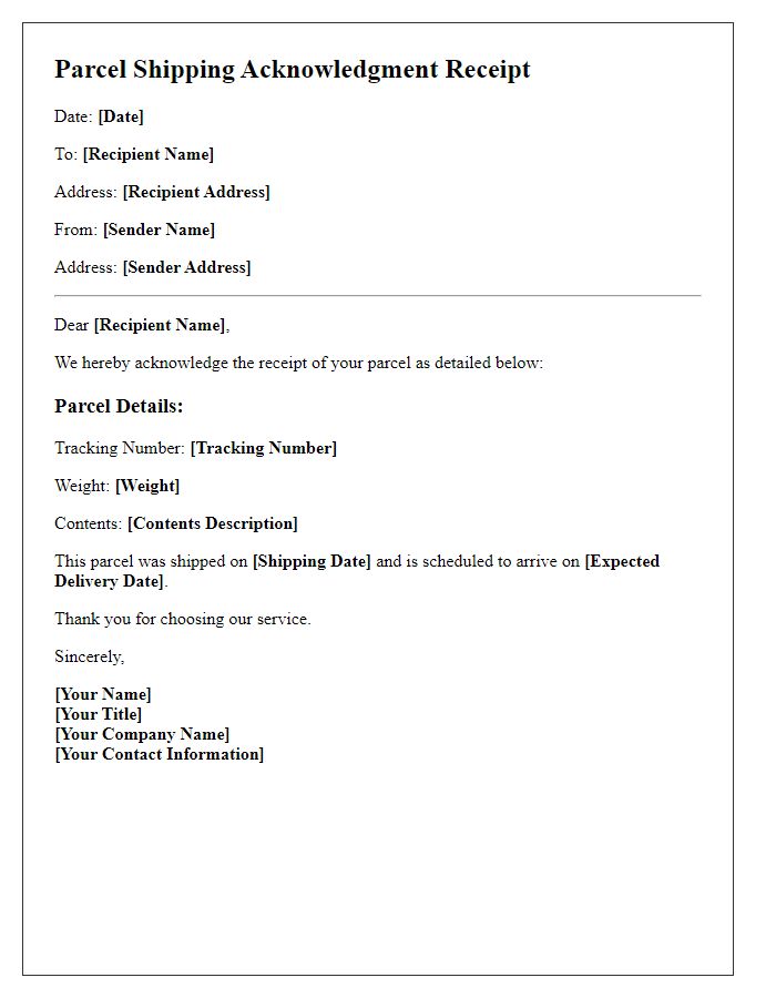 Letter template of parcel shipping acknowledgment receipt.