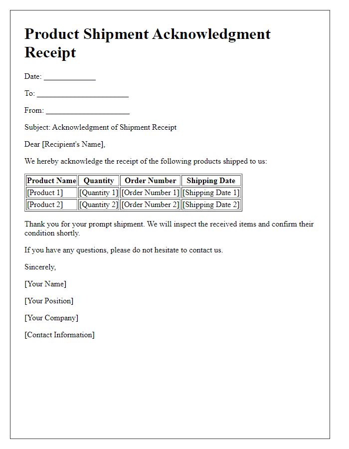 Letter template of product shipment acknowledgment receipt.