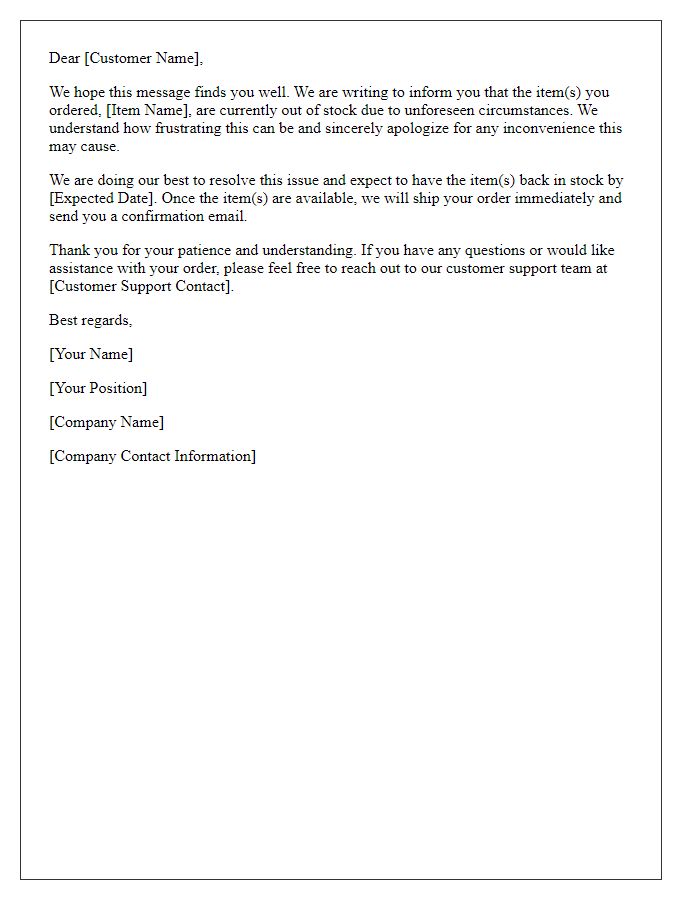 Letter template of customer communication regarding out-of-stock delays.