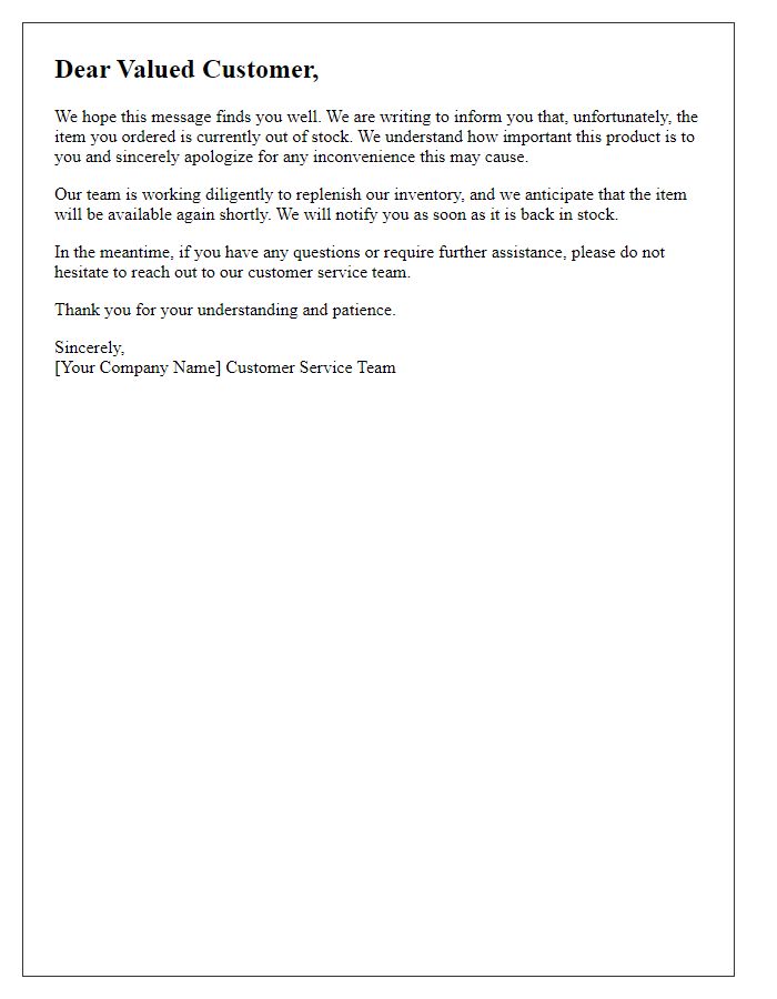 Letter template of inform customer about out-of-stock shipment hindrance.