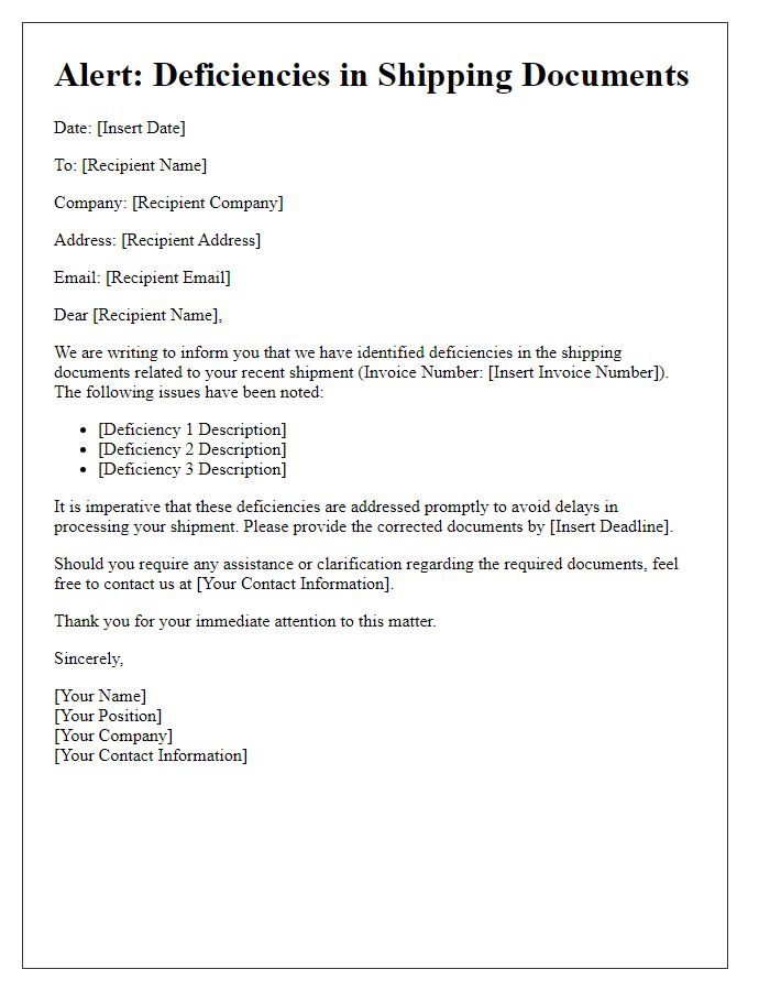 Letter template of alert for deficiencies in shipping documents