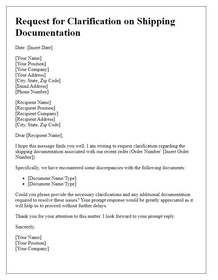 Letter template of clarification request for shipping documentation