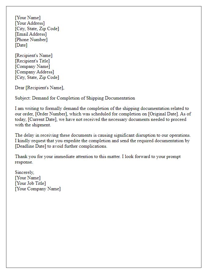 Letter template of demand for completion of shipping documentation