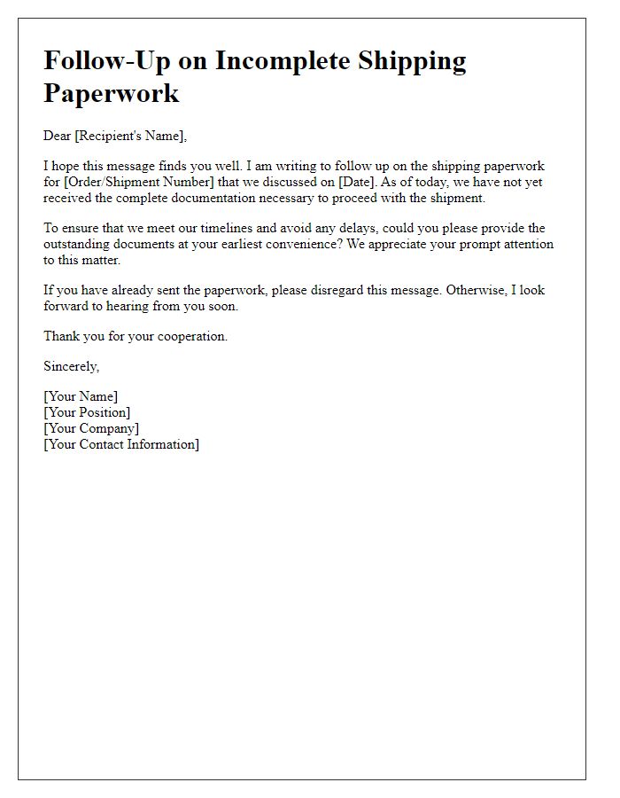 Letter template of follow-up on incomplete shipping paperwork