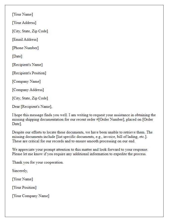 Letter template of request for missing shipping documentation