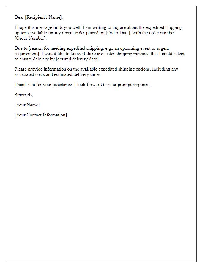 Letter template of inquiry about expedited shipping options