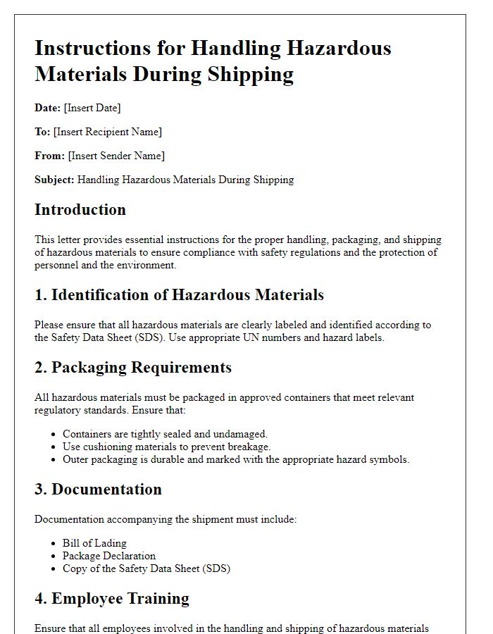 Letter template of instructions for handling hazardous materials during shipping