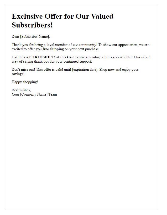 Letter template of free shipping for newsletter subscribers