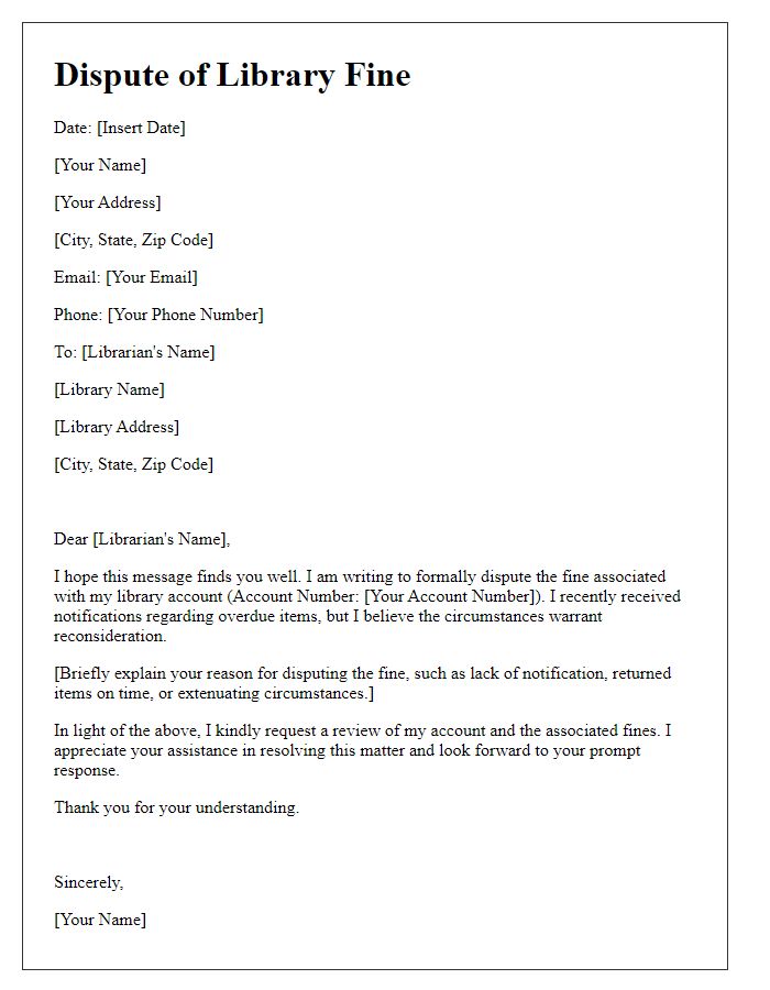 Letter template of library fine dispute regarding overdue notifications.
