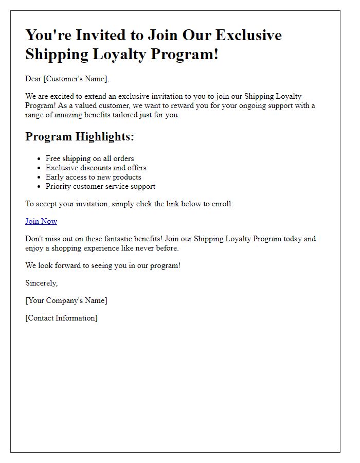 Letter template of exclusive shipping loyalty program invitation.