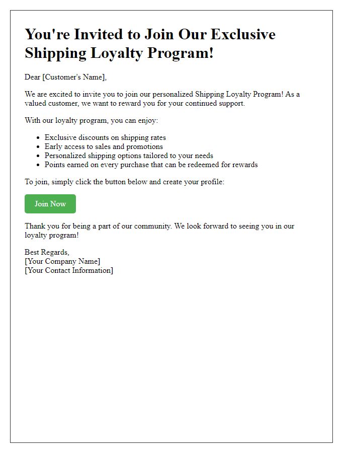 Letter template of personalized shipping loyalty program invitation.