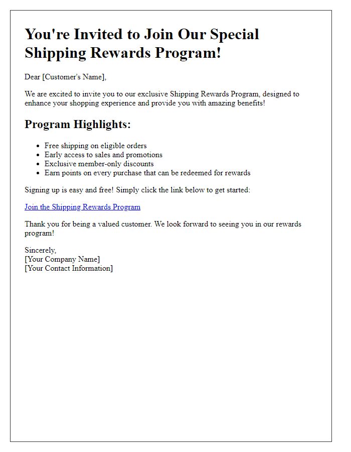 Letter template of special shipping rewards program invitation.