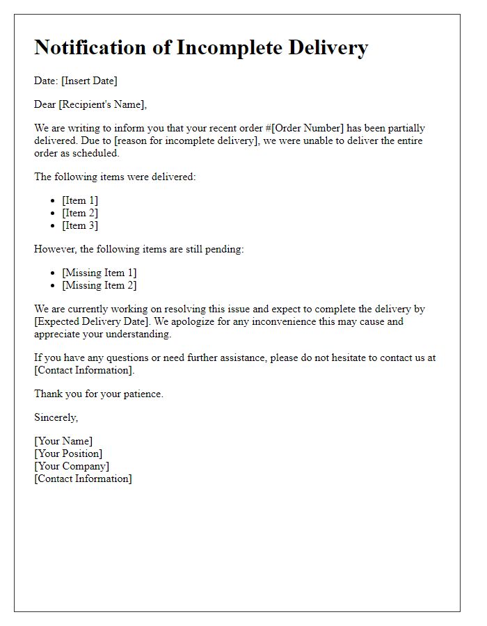 Letter template of notification about incomplete delivery.