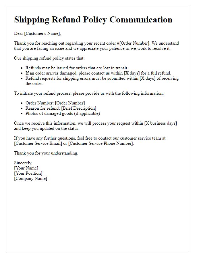 Letter template of shipping refund policy communication for order disputes.