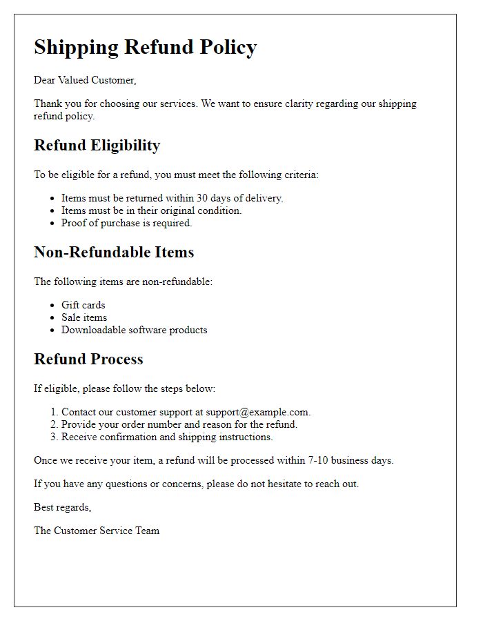 Letter template of shipping refund policy details for customers.