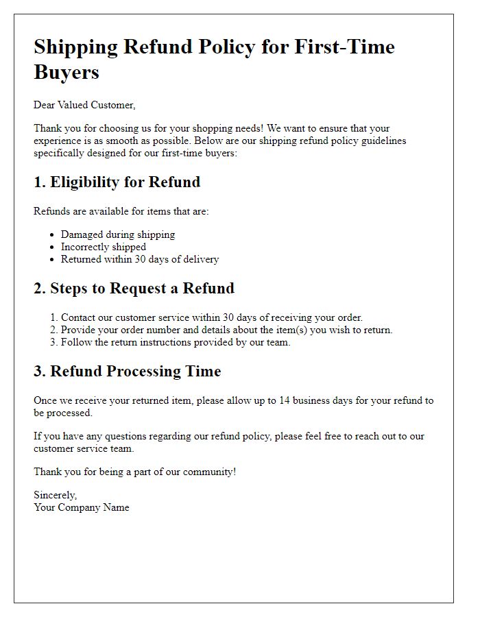 Letter template of shipping refund policy guidelines for first-time buyers.