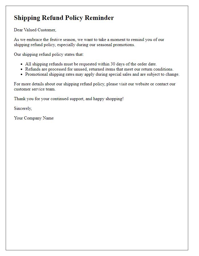 Letter template of shipping refund policy reminder for seasonal promotions.