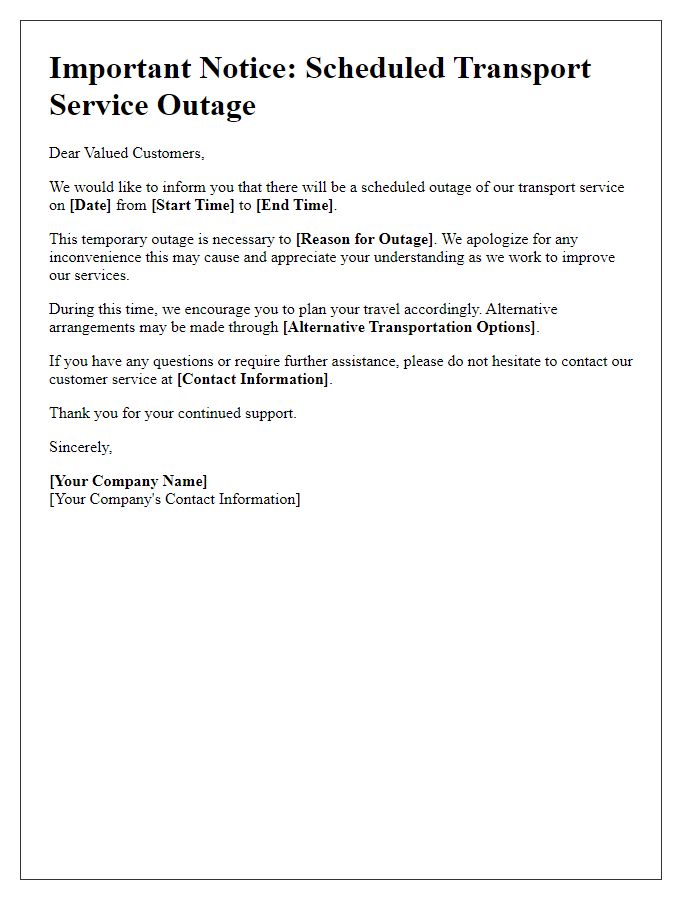 Letter template of scheduled transport service outage information