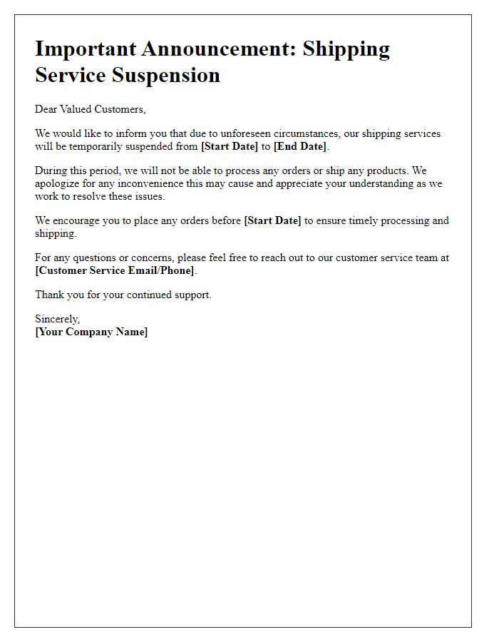 Letter template of upcoming shipping service suspension announcement