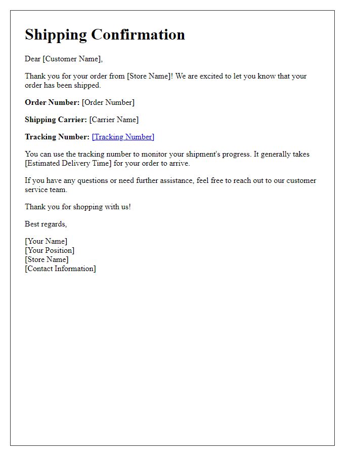 Letter template of e-commerce shipping confirmation with tracking reference.