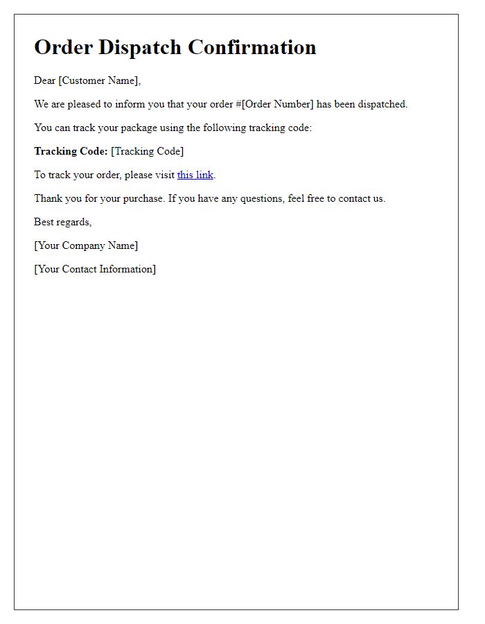 Letter template of order dispatch confirmation with tracking code.