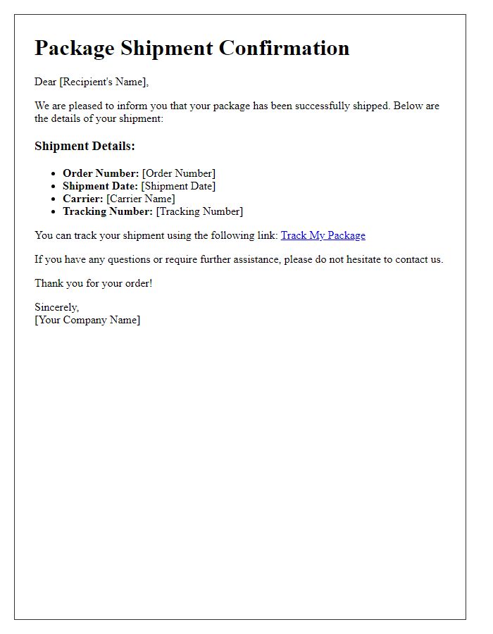 Letter template of package shipment confirmation with relevant tracking data.