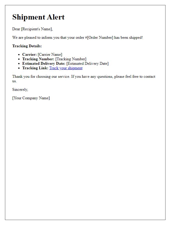 Letter template of shipment alert featuring tracking details.