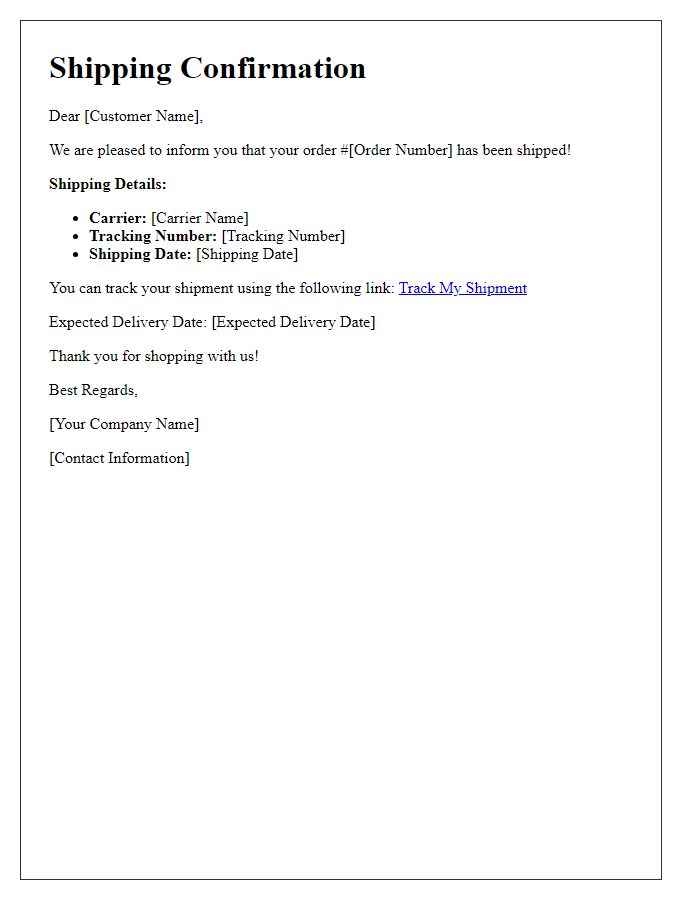 Letter template of shipping confirmation with detailed tracking information.