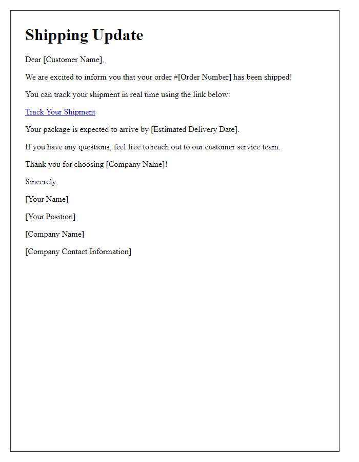 Letter template of shipping update with live tracking option.