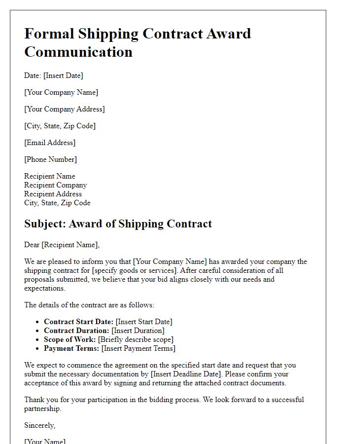 Letter template of formal shipping contract award communication