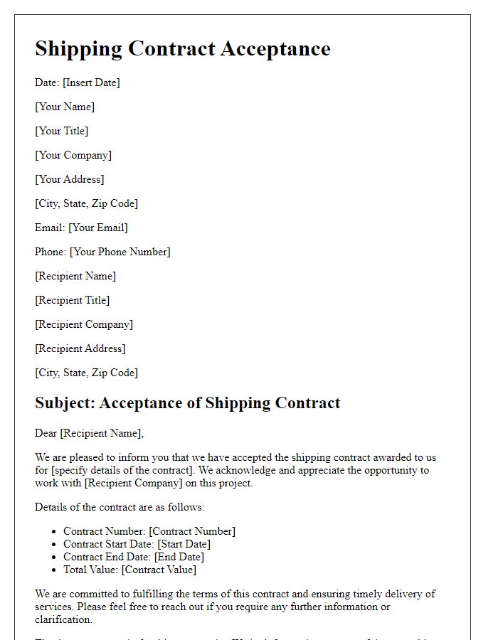 Letter template of shipping contract acceptance and award