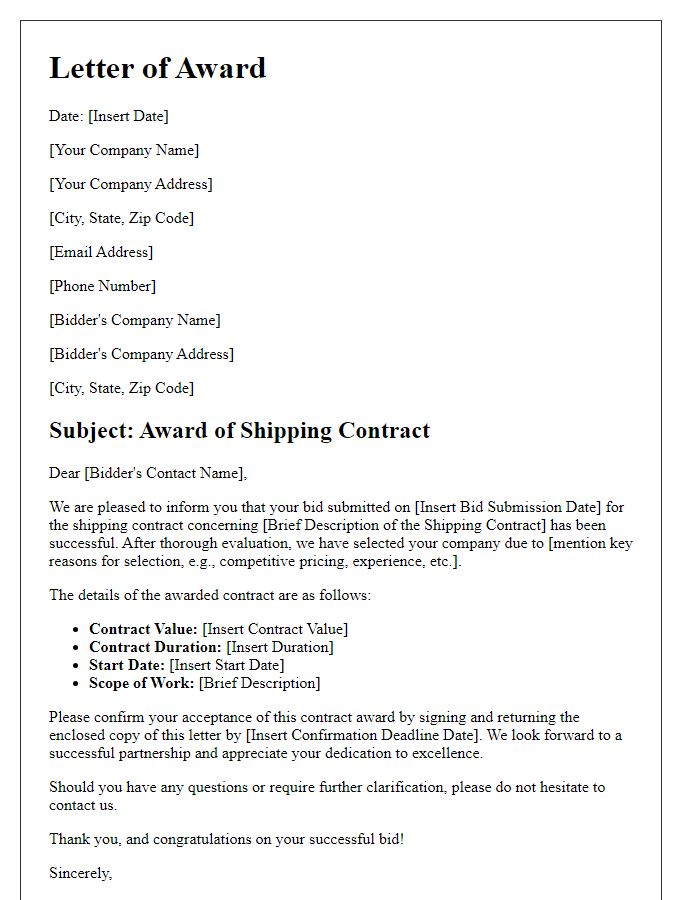 Letter template of successful bid shipping contract award