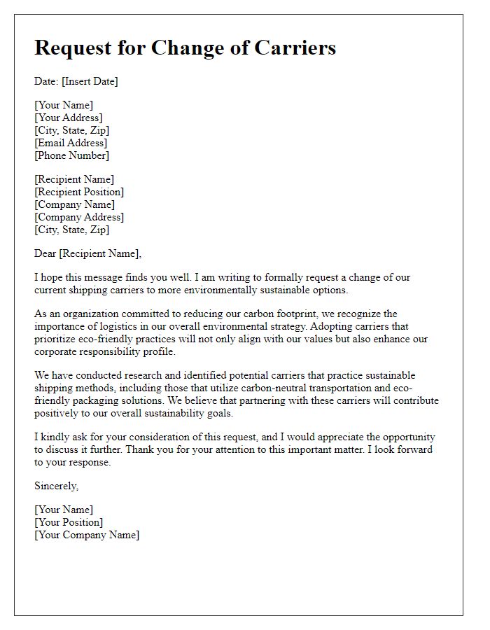 Letter template of request to change carriers for environmental sustainability.